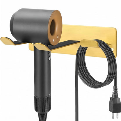 Hair Dryer Holder Wall Mount, Universal No-Drill Stainless Steel Organizer with 3M Adhesive & Screws, Space Saving Blow Dryer Hanger for Bathroom Bedroom Salon RV (Gold)