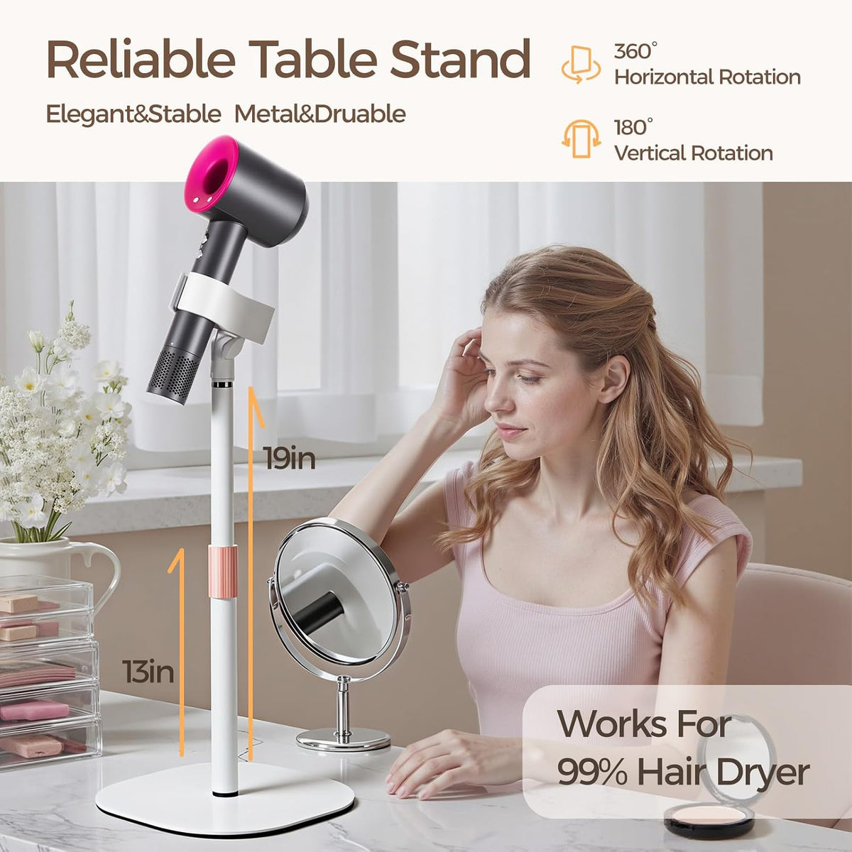 Hair Dryer Stand Holder-19 inch Ultra Stable Blow Dryer Stand White