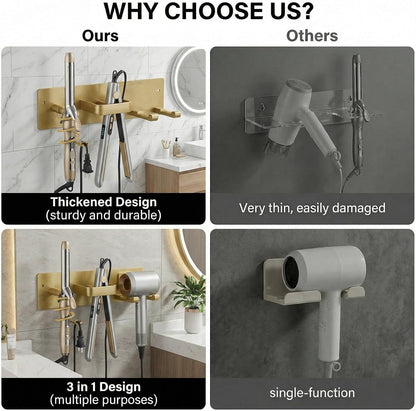 Hair Dryer Holder Hair Tool Organizer Metal Wall Mount (Gold)