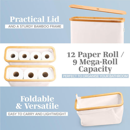 LONBET Toilet Paper Storage for 12 Rolls, Stackable & Foldable - The Ultimate Bathroom Organizer - Waterproof Basket with Bamboo Lid - Elegant Toilet Paper Storage Holder, Beige