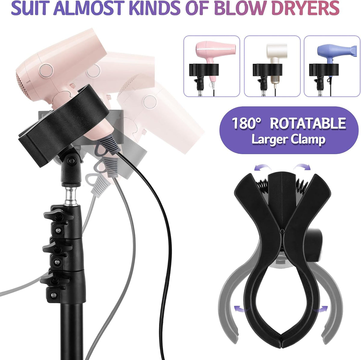 Hands-Free Hair Dryer Stand for Home Blow Drying, DIY Styling, Salon&Live Streaming Ideal for Long Hair Women Busy Moms People with Arm Shoulder Pain 30-62 Inch Adjustable Height Tripod, 360° Rotation