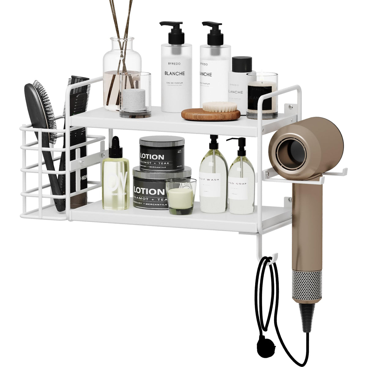 3-in-1 Wall Mounted Hair Dryer Holder with 2 Tier Shelves & Detachable Basket, Space Saving Organizer for Bathroom, Kitchen, Bedroom, Rust-Resistant, Easy Install (Rustic Brown)