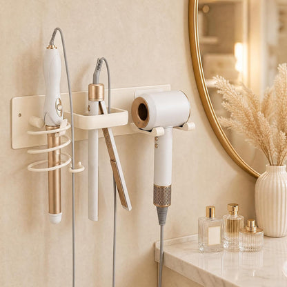 Hair Dryer Holder Wall Mount No Drill, 3 in 1 Curling Iron Holder & Flat Iron Holder, Heat Resistant Bathroom Hair Tool Organizer, White