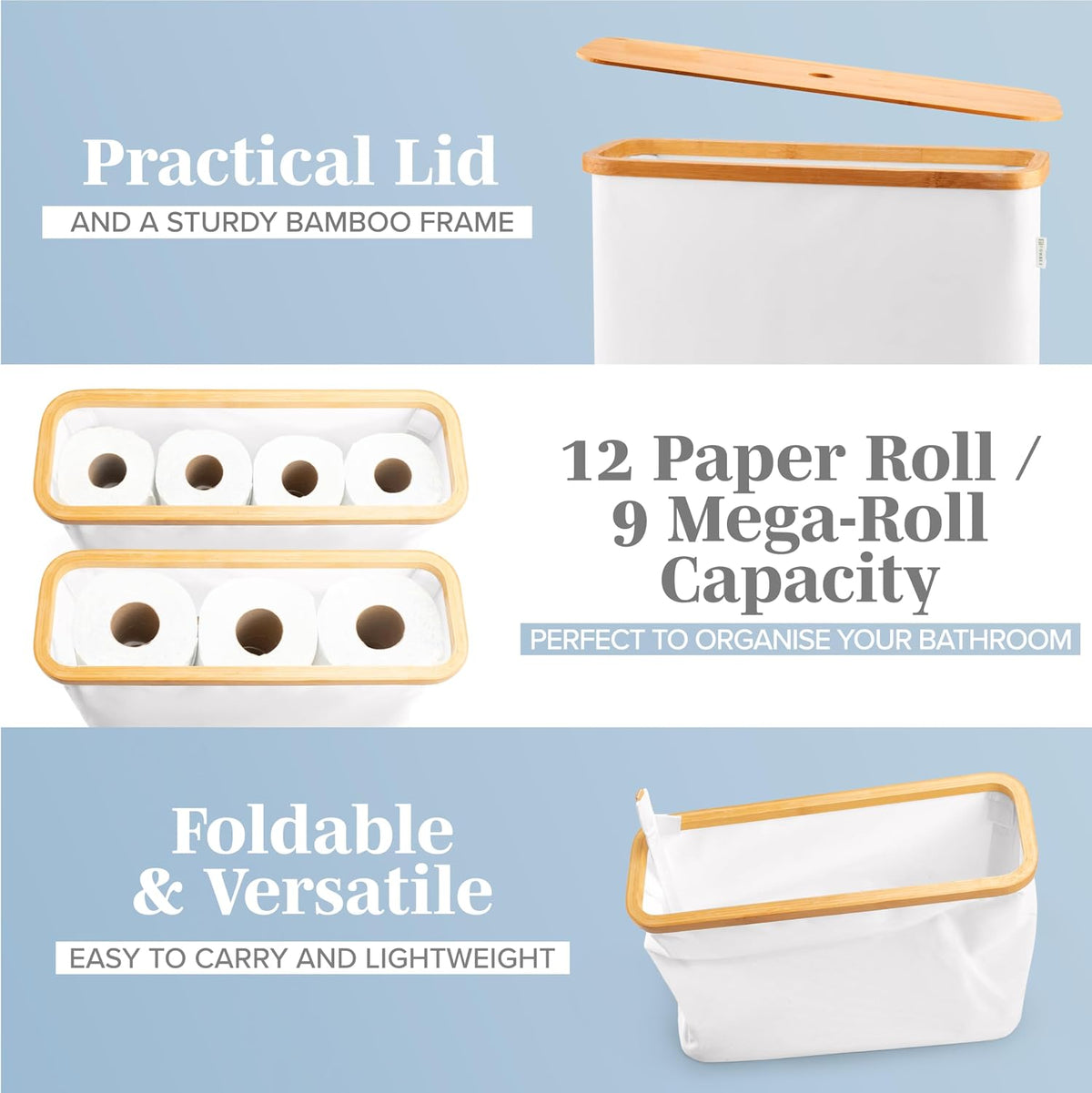 LONBET Toilet Paper Storage for 12 Rolls, Stackable & Foldable - The Ultimate Bathroom Organizer - Waterproof Basket with Bamboo Lid - Elegant Toilet Paper Storage Holder, Light Gray