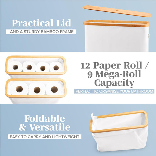 LONBET Toilet Paper Storage for 12 Rolls, Stackable & Foldable - The Ultimate Bathroom Organizer - Waterproof Basket with Bamboo Lid - Elegant Toilet Paper Storage Holder, Light Gray