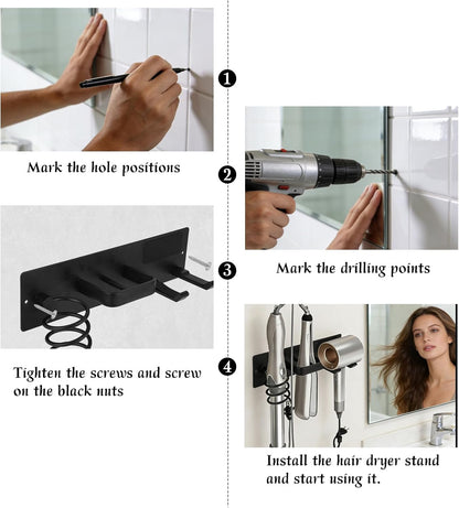 Penitue 3 in 1 Hair Tool Organizer Wall Mount, Space Aluminum Hair Dryer Holder Curling Iron & Straightener Holder Rack Flat Iron Storage Wall Mounted Blow Hot Tool Stand for Bathroom Vanity or Salon