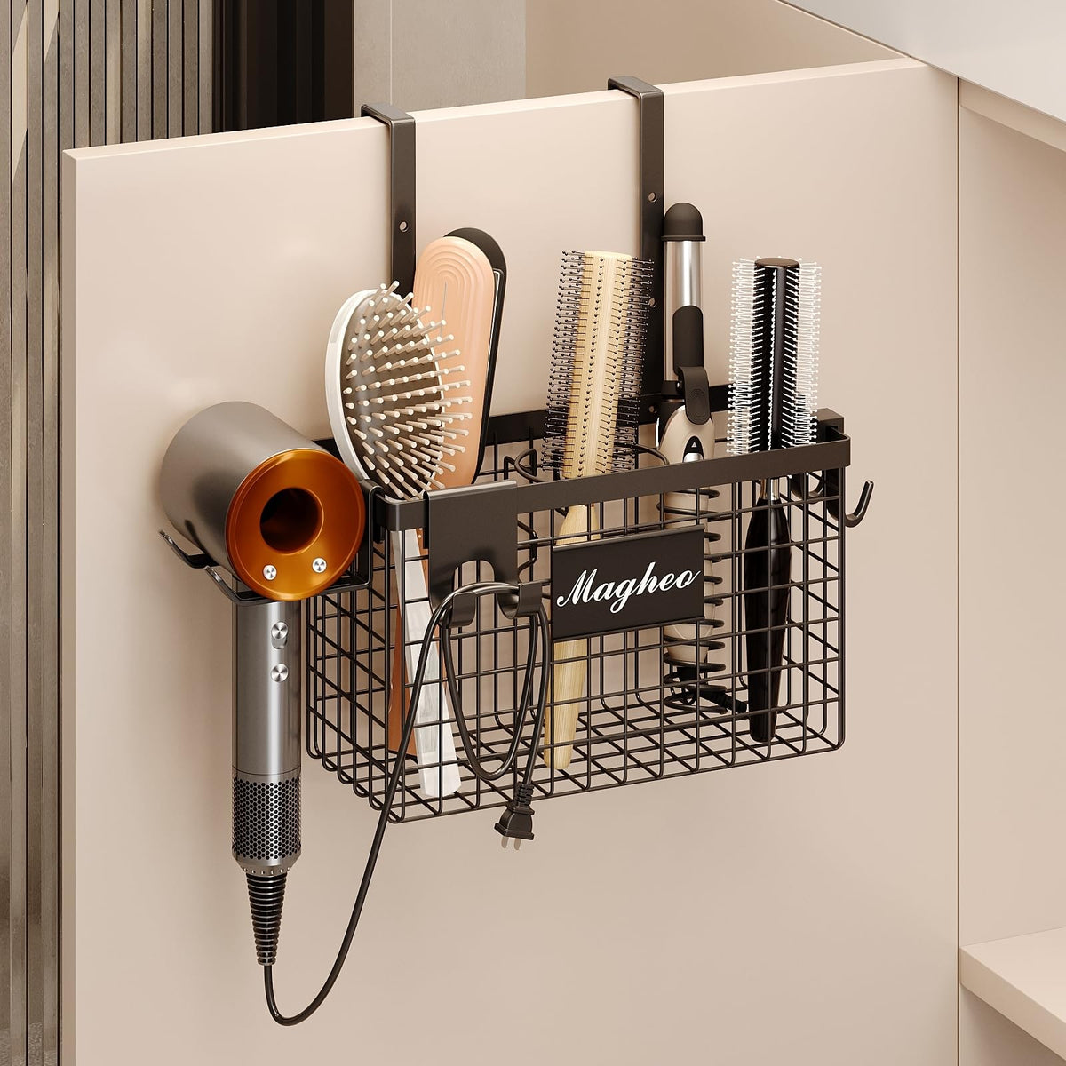 Magheo Hair Dryer Holder Wall Mounted, Adheisve Hair Tool Organizer for hair Brush/Appliance Wall Mount with 5 Tier Shelf Basket Hooks Blow Dryer and Straightener Holder for Bathroom(Black)