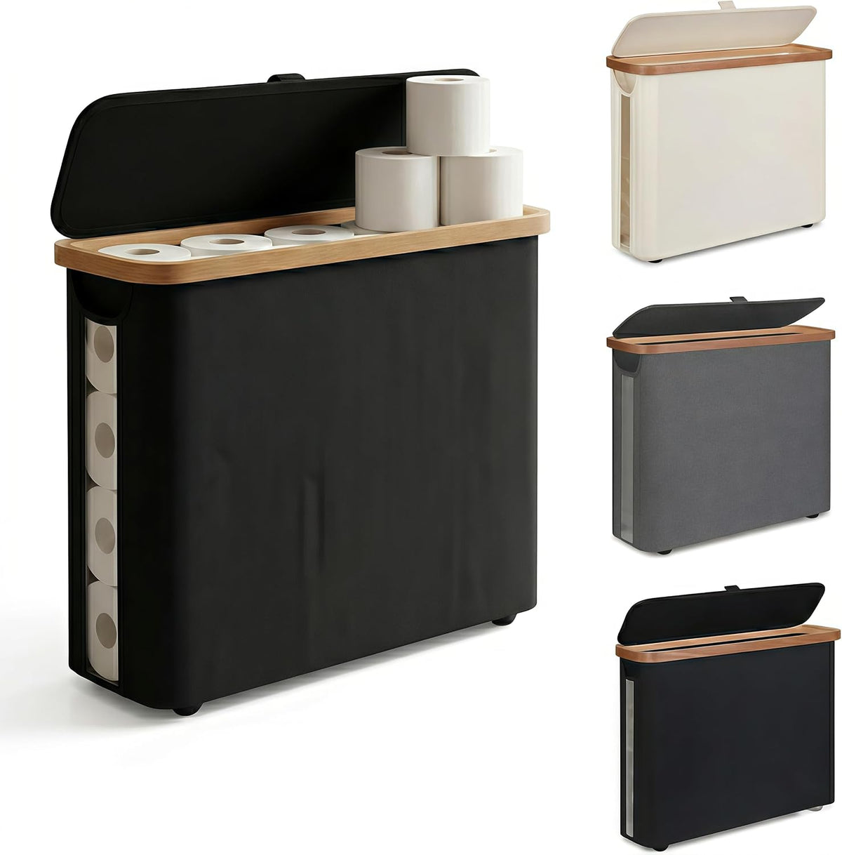 SENMOK 12-Roll Toilet Paper Storage with Lid, Bamboo Frame(Black)