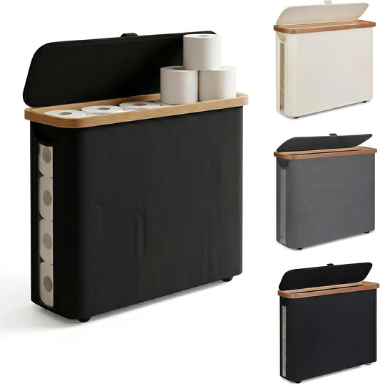 SENMOK 12-Roll Toilet Paper Storage with Lid, Bamboo Frame,Black