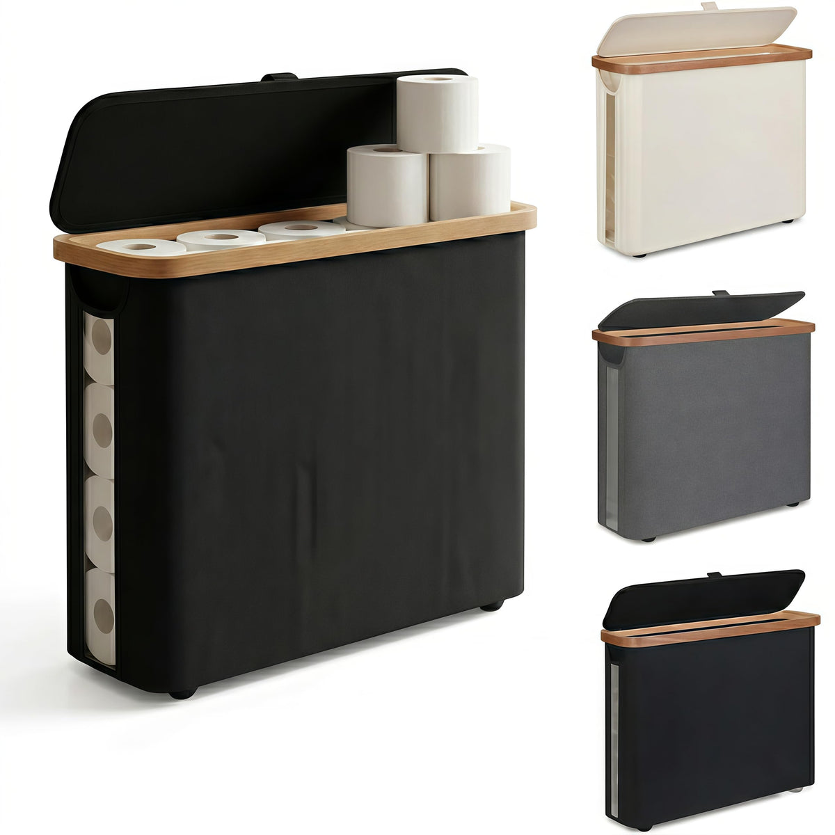 SENMOK 12-Roll Toilet Paper Storage with Lid, Bamboo Frame(Black)