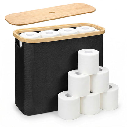 Toilet Paper Storage with Bamboo Lid, Toilet Paper Basket, Bathroom Storage Organizer with Bamboo Lid Holds Up to 9 Mega or 12 Regular Size Rolls, Black