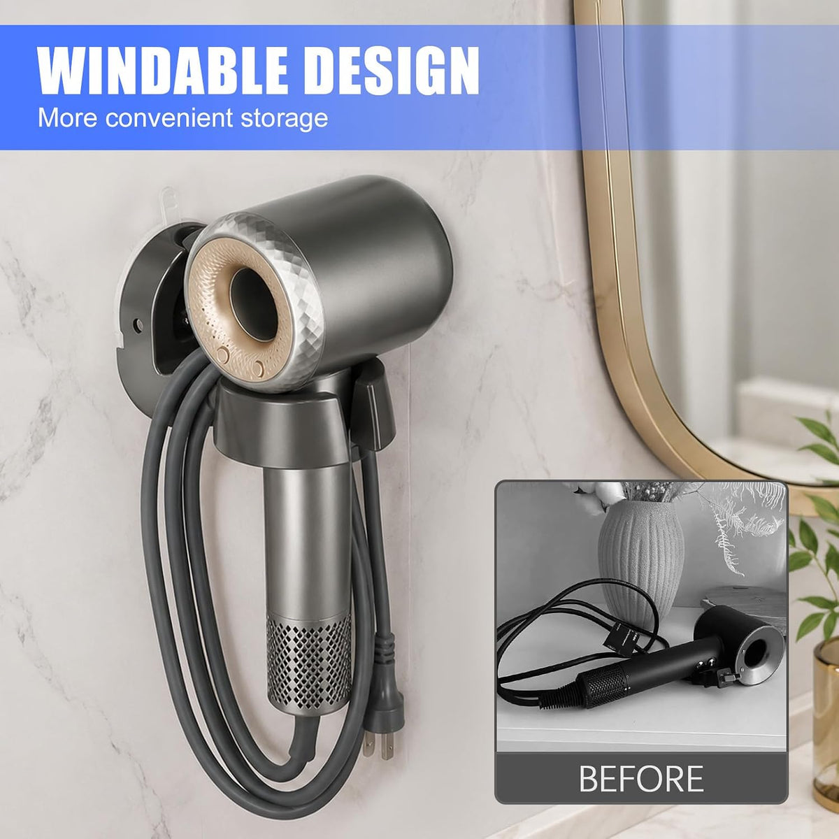 Universal Hair Dryer Holder Wall Mounted Rotates 45° Left & Right