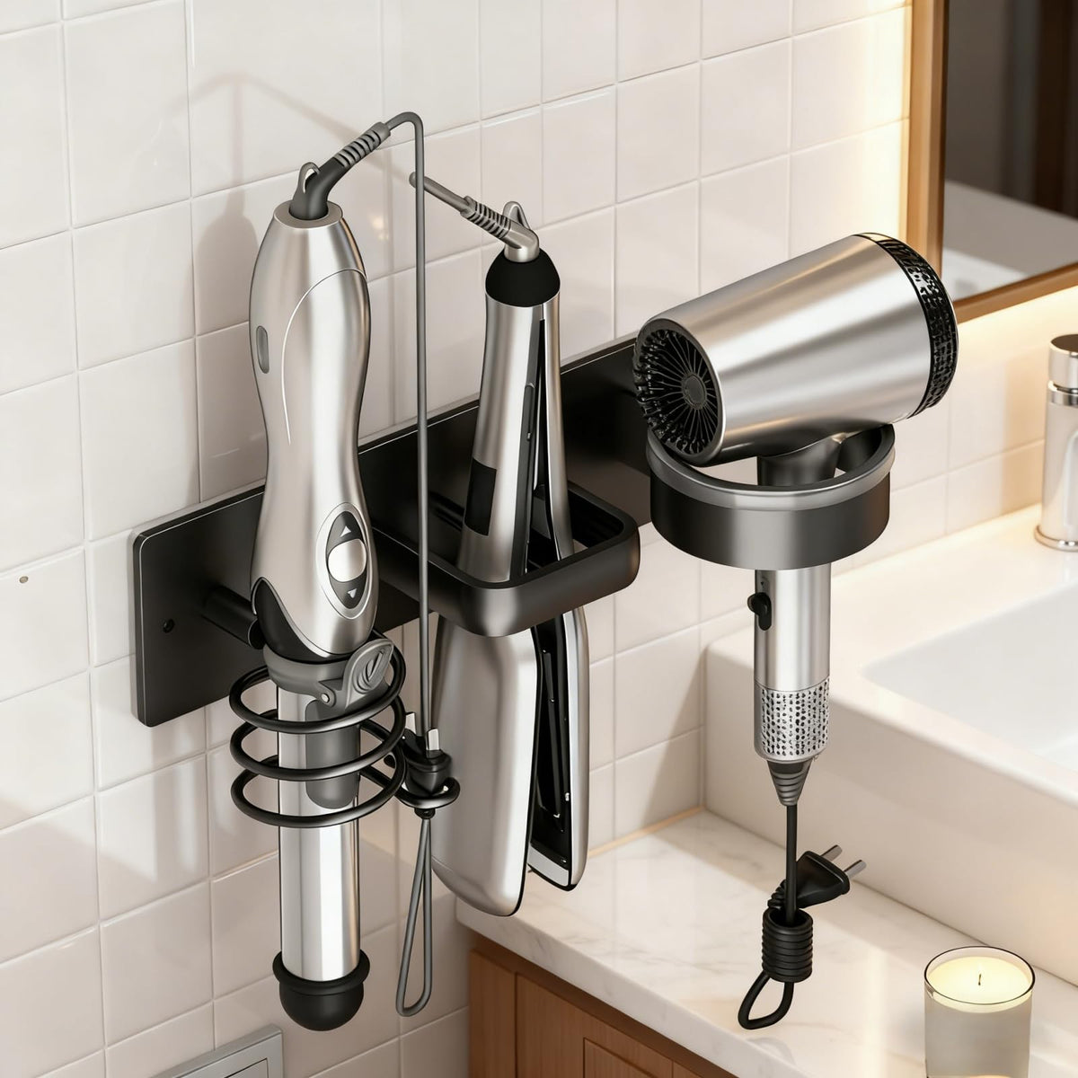 Hair Dryer Holder Wall Mounted Blow Dryer Holder Curling Iron Holder Straightener Holder 3 in 1 Bathroom Metal Hair Tool Organizer Rack（Matte Black）