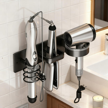 Hair Dryer Holder Wall Mounted Blow Dryer Holder Curling Iron Holder Straightener Holder 3 in 1 Bathroom Metal Hair Tool Organizer Rack（Matte Black）