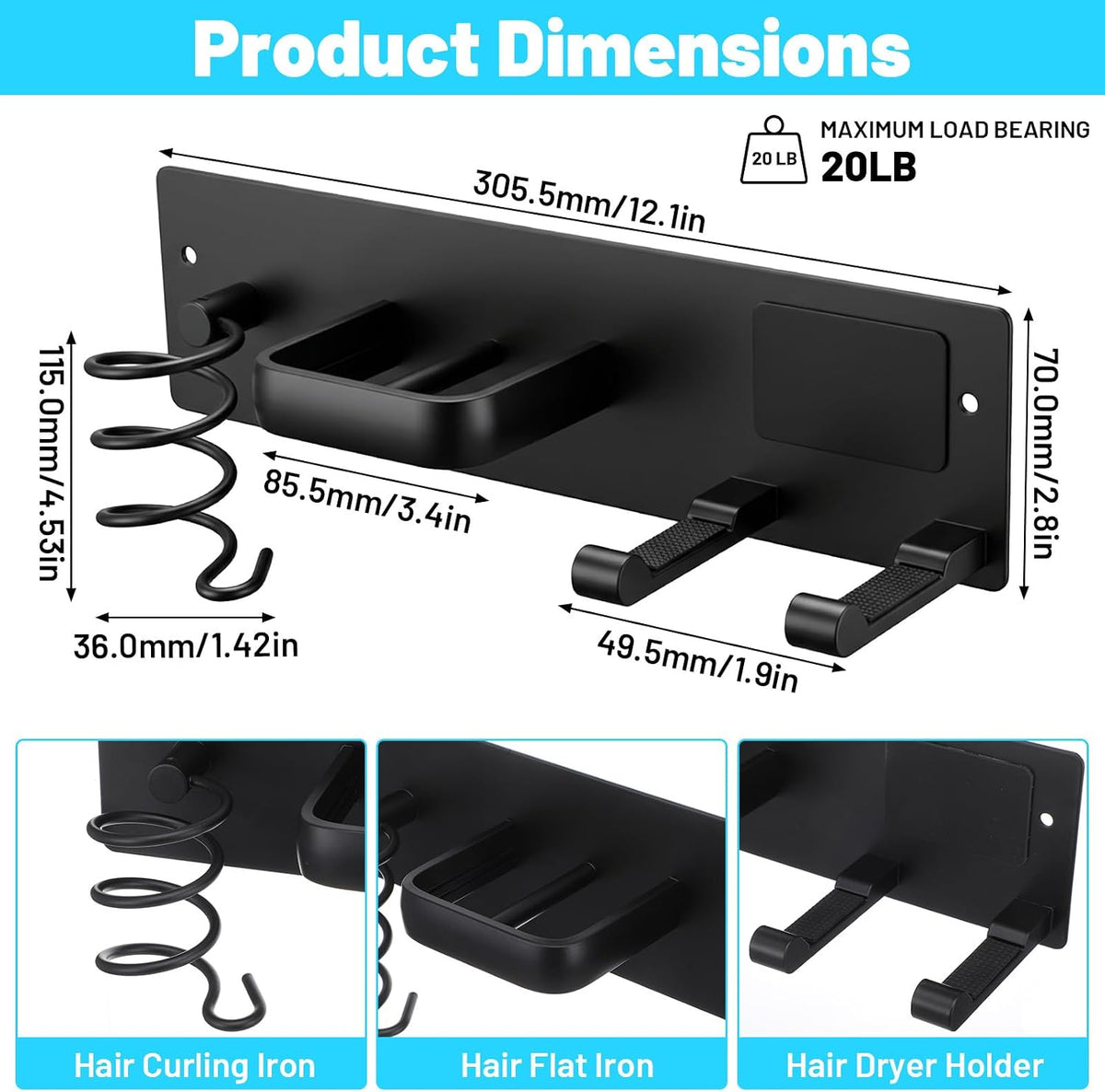 3-in-1 Hair Dryer Holder Wall Mount, Hair Tool Organizer with Curling Iron & Flat Iron Holder, Universal Blow Dryer Stand for Bathroom Vanity, Matte Black