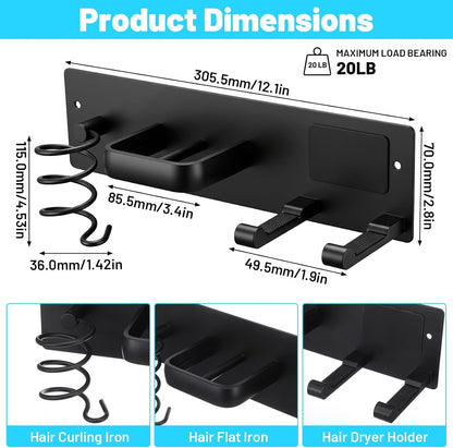 3-in-1 Hair Dryer Holder Wall Mount, Hair Tool Organizer with Curling Iron & Flat Iron Holder, Universal Blow Dryer Stand for Bathroom Vanity, Matte Black