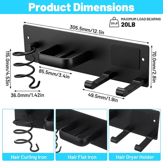 3-in-1 Hair Dryer Holder Wall Mount, Hair Tool Organizer with Curling Iron & Flat Iron Holder, Universal Blow Dryer Stand for Bathroom Vanity, Matte Black