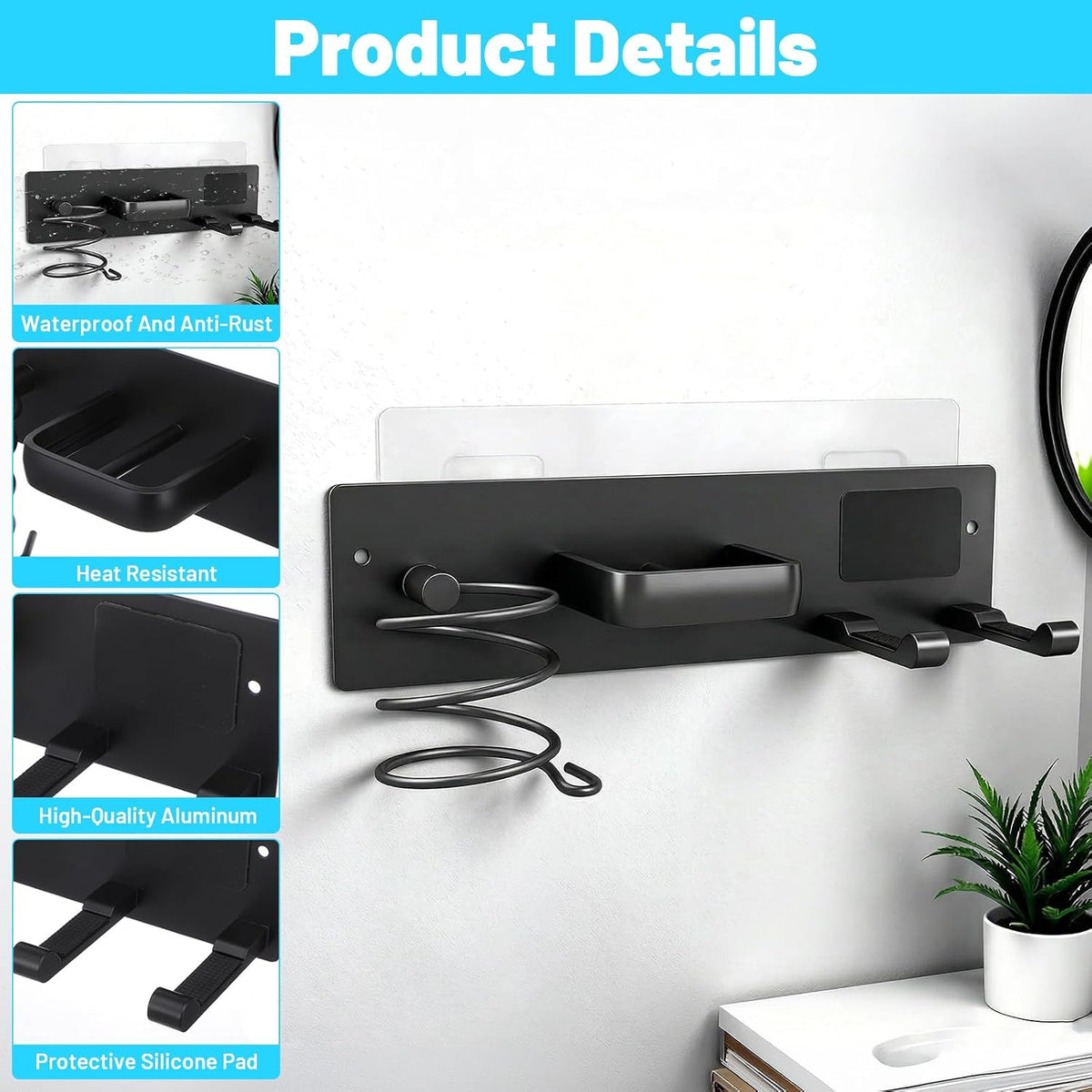 3-in-1 Hair Dryer Holder Wall Mount, Hair Tool Organizer with Curling Iron & Flat Iron Holder, Universal Blow Dryer Stand for Bathroom Vanity, Matte Black