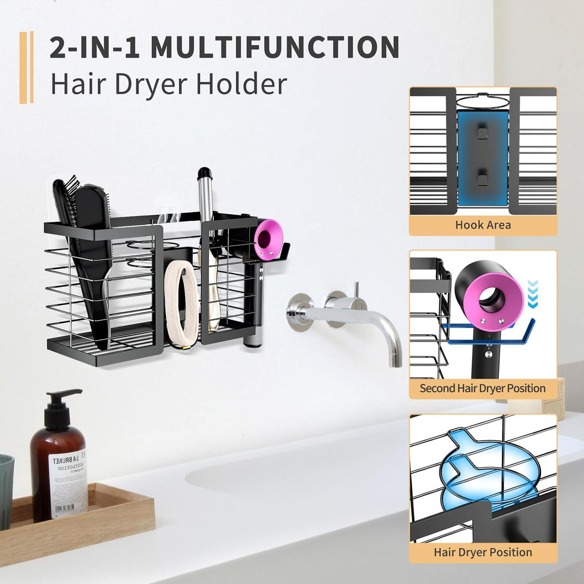 FUNKYLEE 3-in-1 Universal Hair Tool Organizer Wall Mount, Black