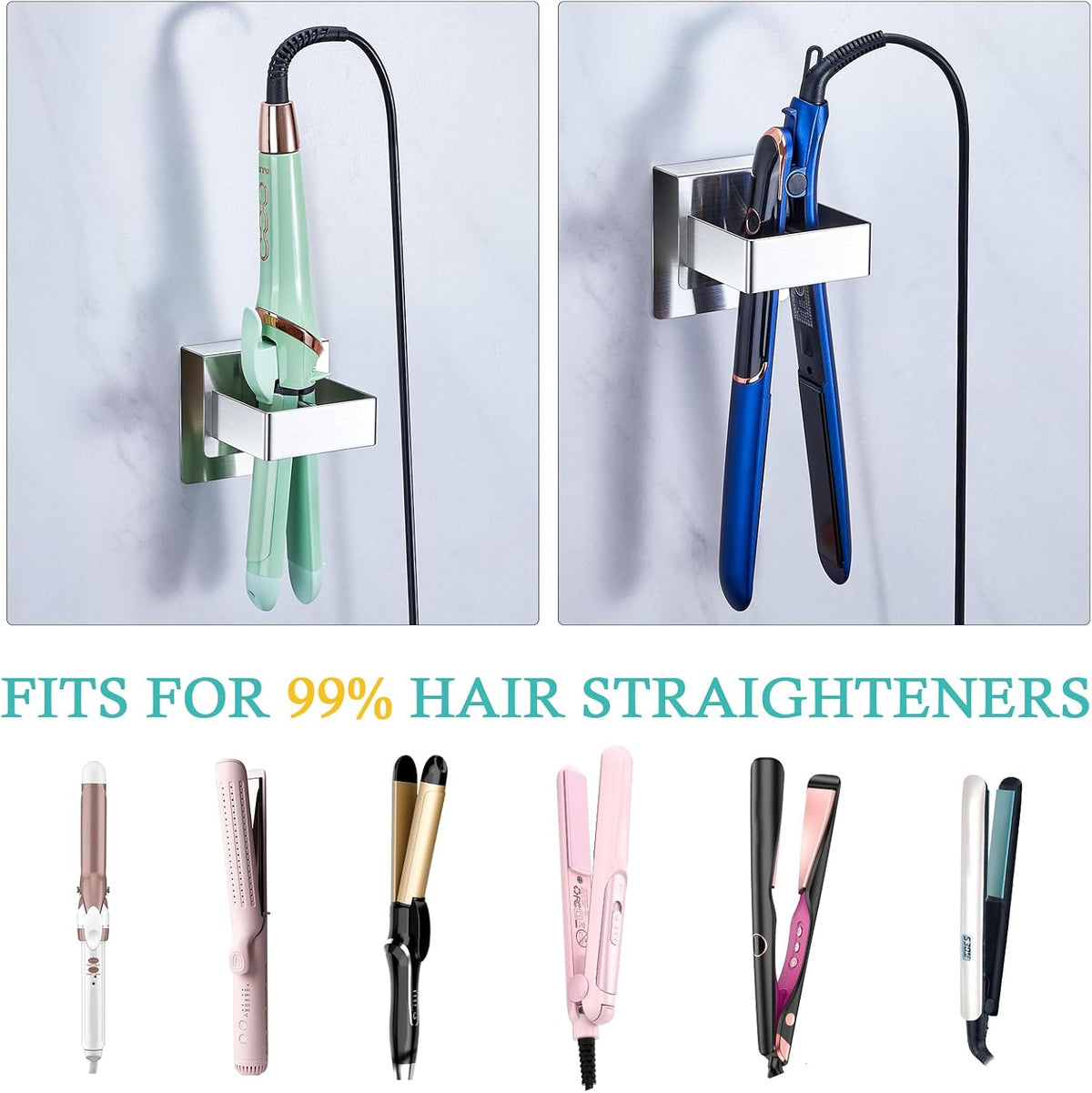 Straighteners Holder Wall Mounted Curling Iron Holder Metal Hair Dryer Holder for Curling Wands Accessories Adhesive Hair Tool Organizer Flat Iron Holder for Bathroom Barber Shops Vanity (Sliver)