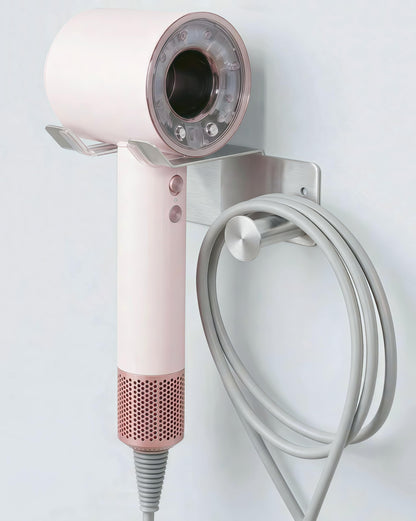 Hair Dryer Holder, Dyson Hair Dryer Holder, Blow Dryer Holder with Cord Hook SUS304 Stainless Steel Wall Mount, Self Adhesive/Screw Space Saving Hairdryer Holder for Bathroom White