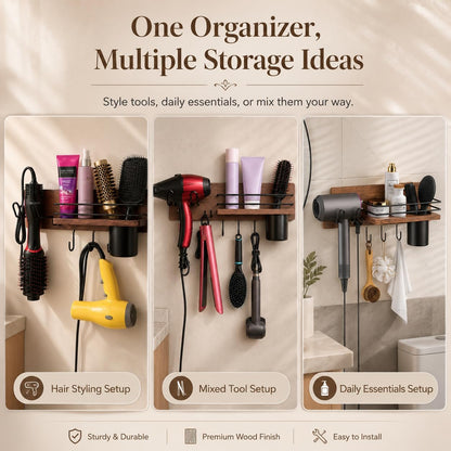 RoleDes Wooden Hair Dryer Holder Wall Mounted, Bathroom Hair Tool Organizer, Blow Dryer Holder Shelf, Curling Iron and Hair Styling Tools Organizer