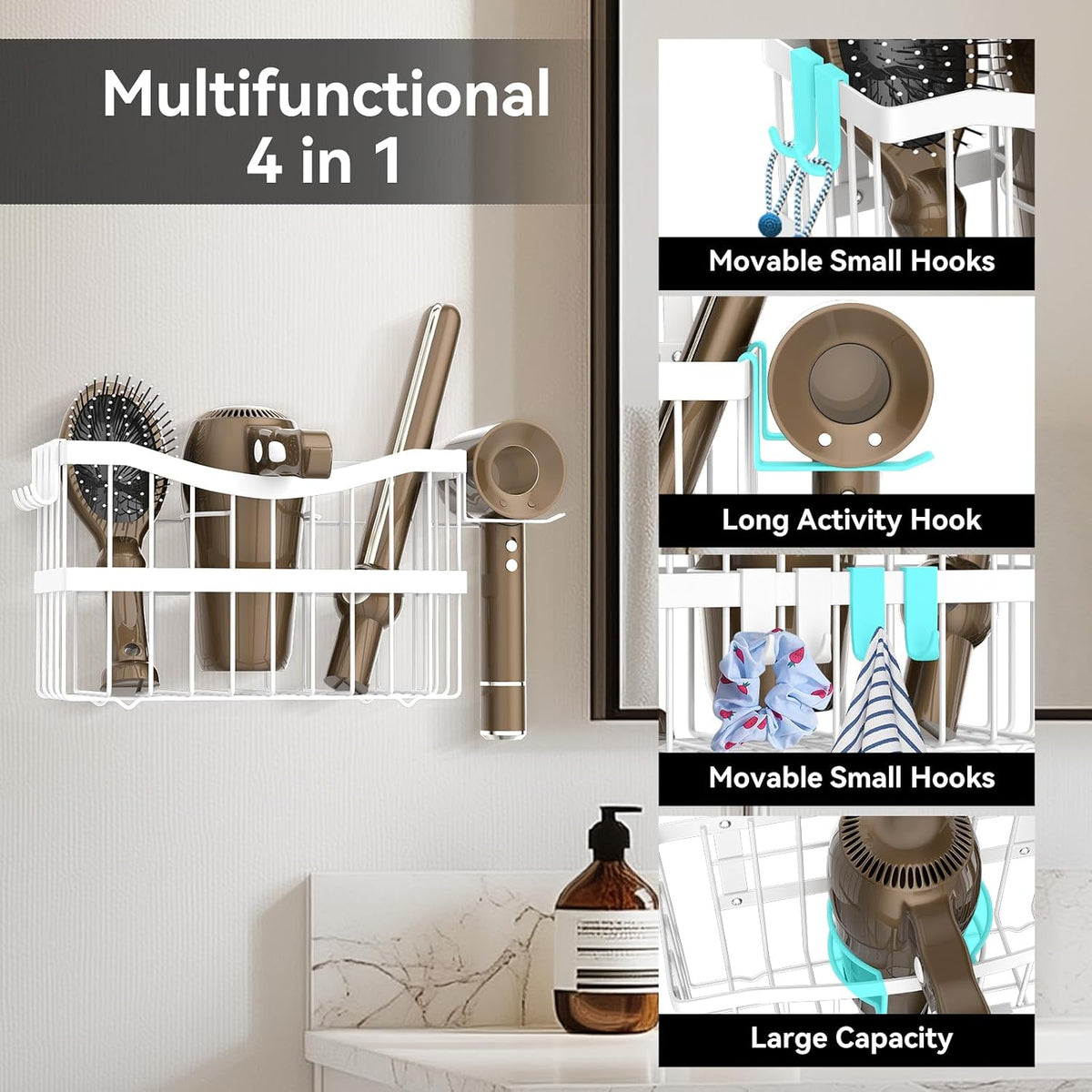 Dailyart 3-in-1 Hair Tool Organizer for Hair Dryer, Bathroom, White