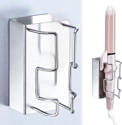 Curling Iron Holder Wall Mount, Hair Straightener Holder with Power Plug Stand, Stainless Steel Hair Tool Organizer for Flat Iron and Hot Tools, Silver