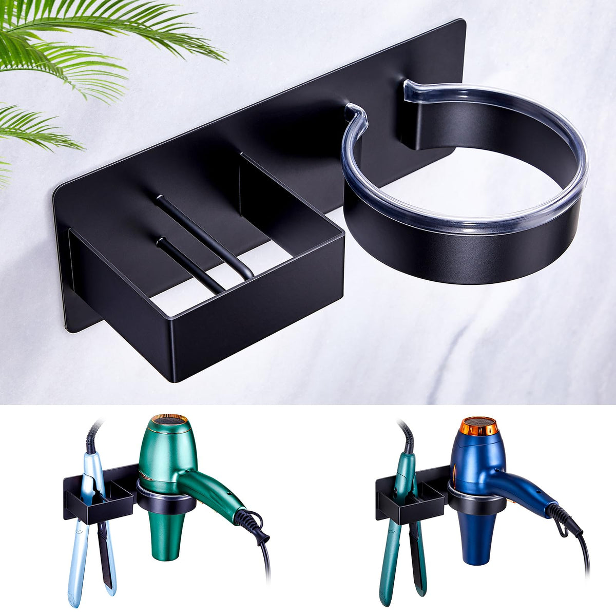 Hair Straightener Holder Wall Mounted Blow Dryer Holder, Blow Dryer and Curling Iron Holder, Bathroom Hair Dryer Straightener Holder, Salon Hair Tools Organizer Storage (Black)