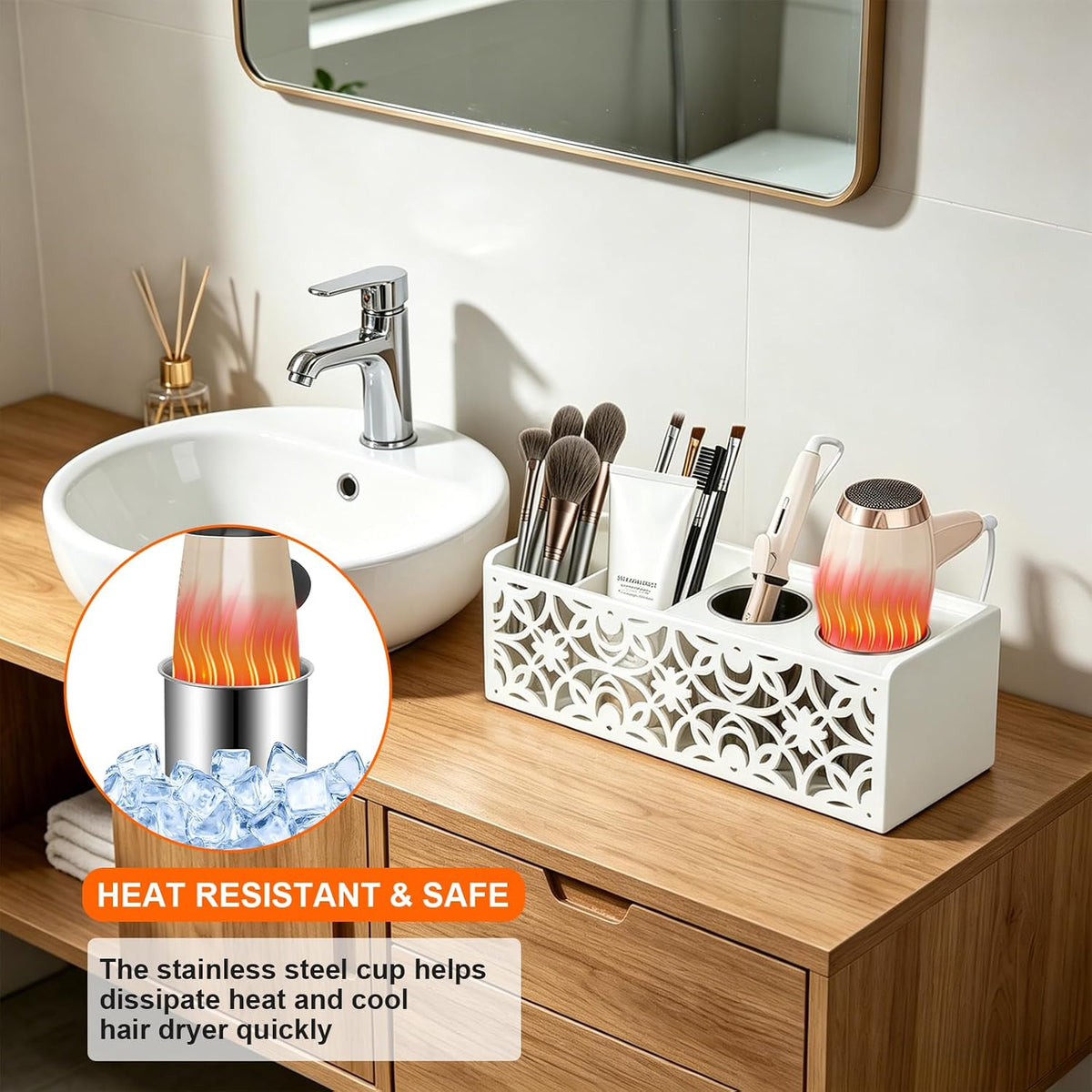 Hair Dryer Holder Wall Mounted with Stainless Steel Cups and Towel Bar