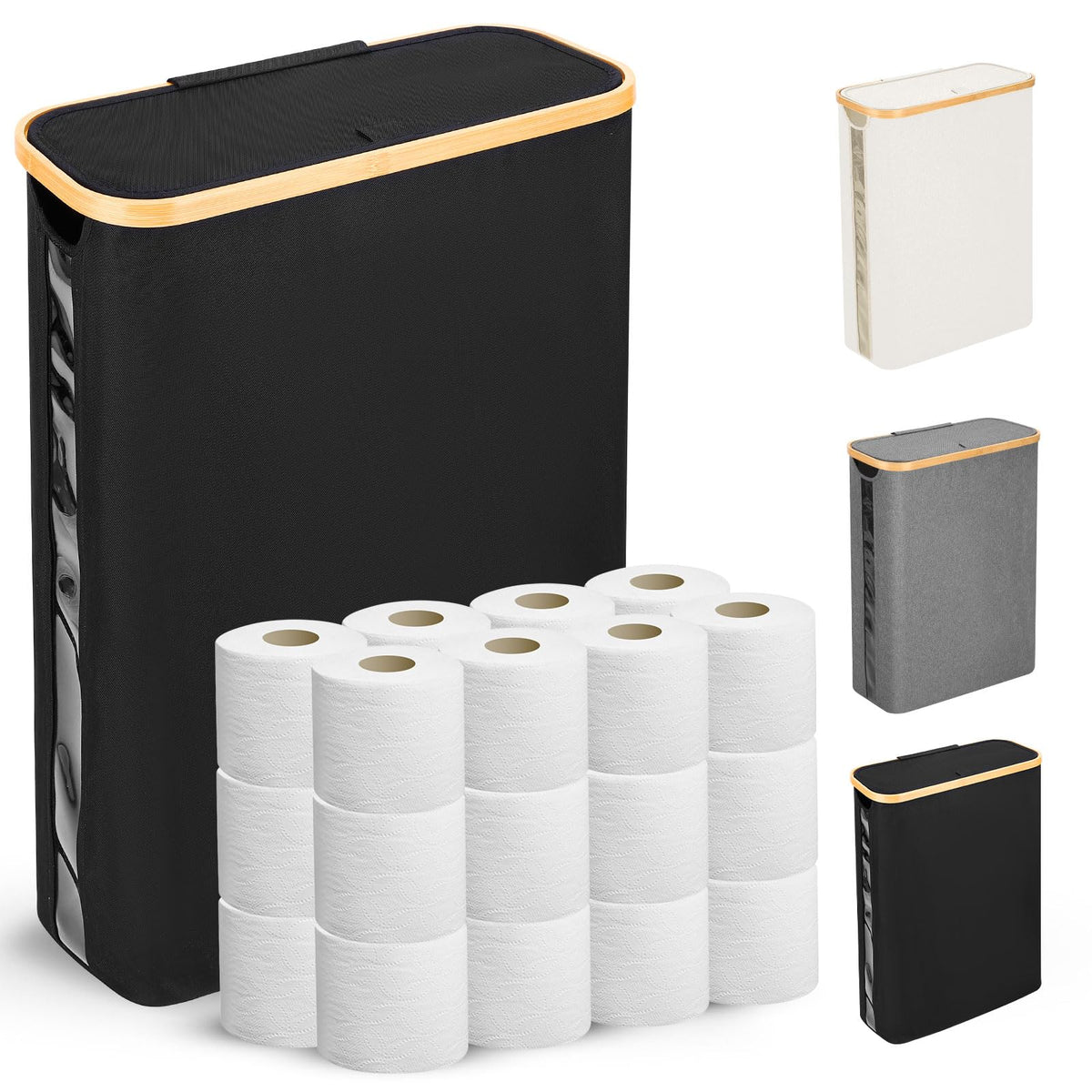 Odonata Large Toilet Paper Storage Basket with Lid, Slim Toilet Paper Organizer, Hold up to 20 Regular Rolls or 15 Mega Rolls. (Black, 49L)