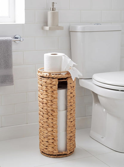 Extra Toilet Paper Storage with Lid and Liner Holds 3-4 MEGA Rolls, Water Hyacinth Ratten Toilet Paper Holder Free Stand Decorative Boho Covered Enclosed Tissue Organizer for Bathroom