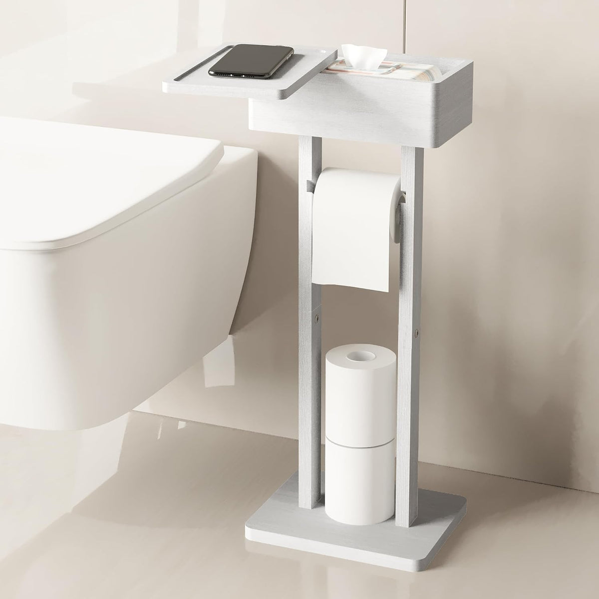 Wealone 4-in-1 White Toilet Paper Holder Stand with Storage Shelf Box