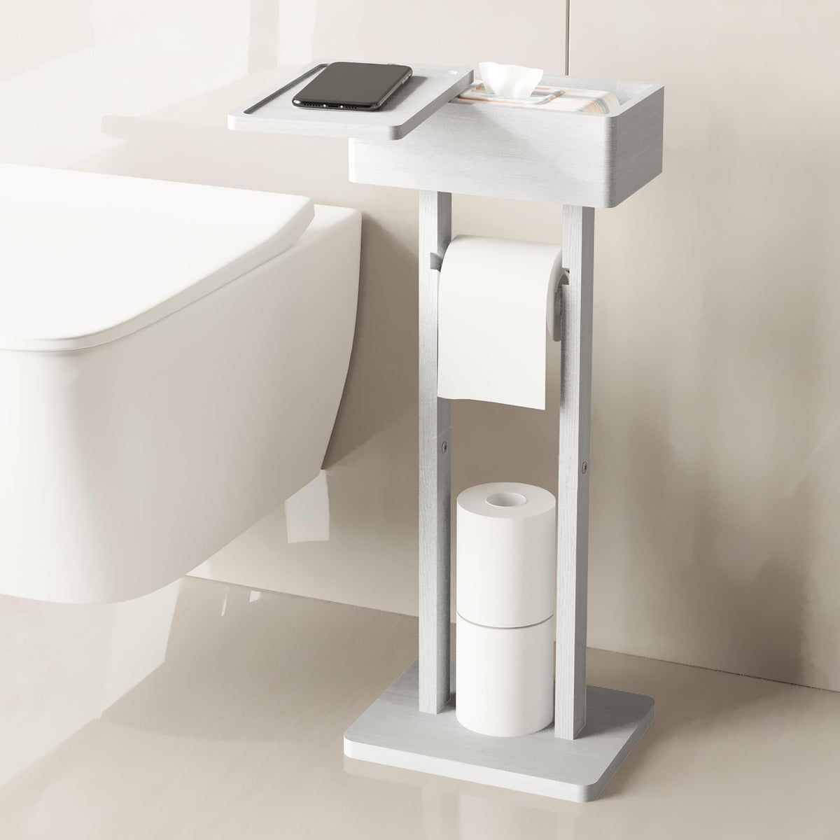 Wealone 4-in-1 White Toilet Paper Holder Stand with Storage Shelf Box