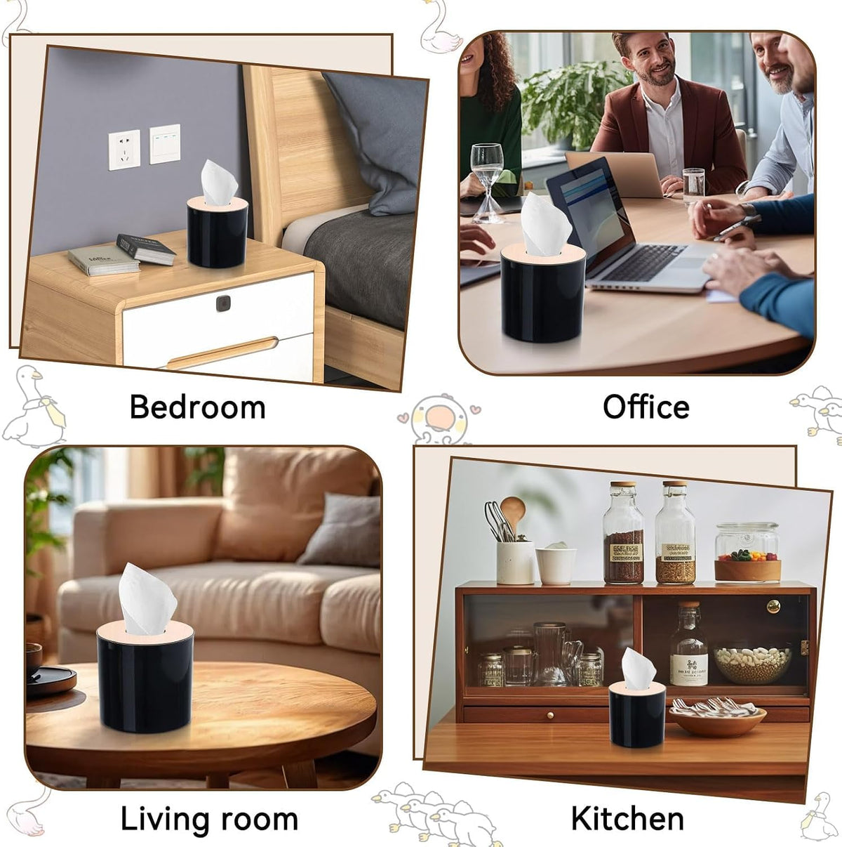 2PCS Tissue Box Cover, Toilet Paper Storage with Lid Round Toilet Paper Roll Cover Wooden Dispenser for Bathroom Kitchen (Black)