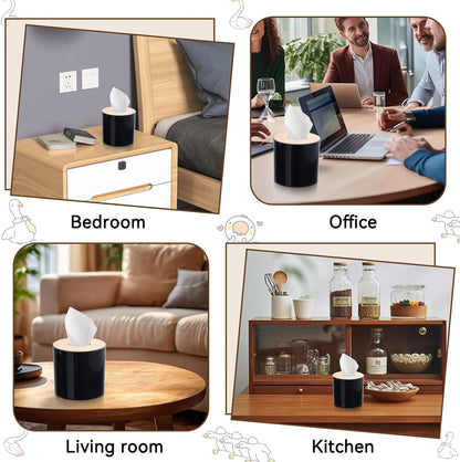 2PCS Tissue Box Cover, Toilet Paper Storage with Lid Round Toilet Paper Roll Cover Wooden Dispenser for Bathroom Kitchen (Black)
