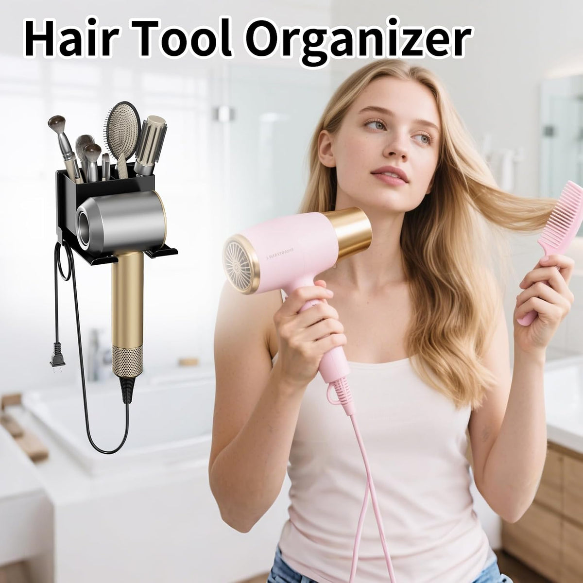 Hair Dryer Holder Wall Mounted, Hair Tools Organizer for Bathroom, Black
