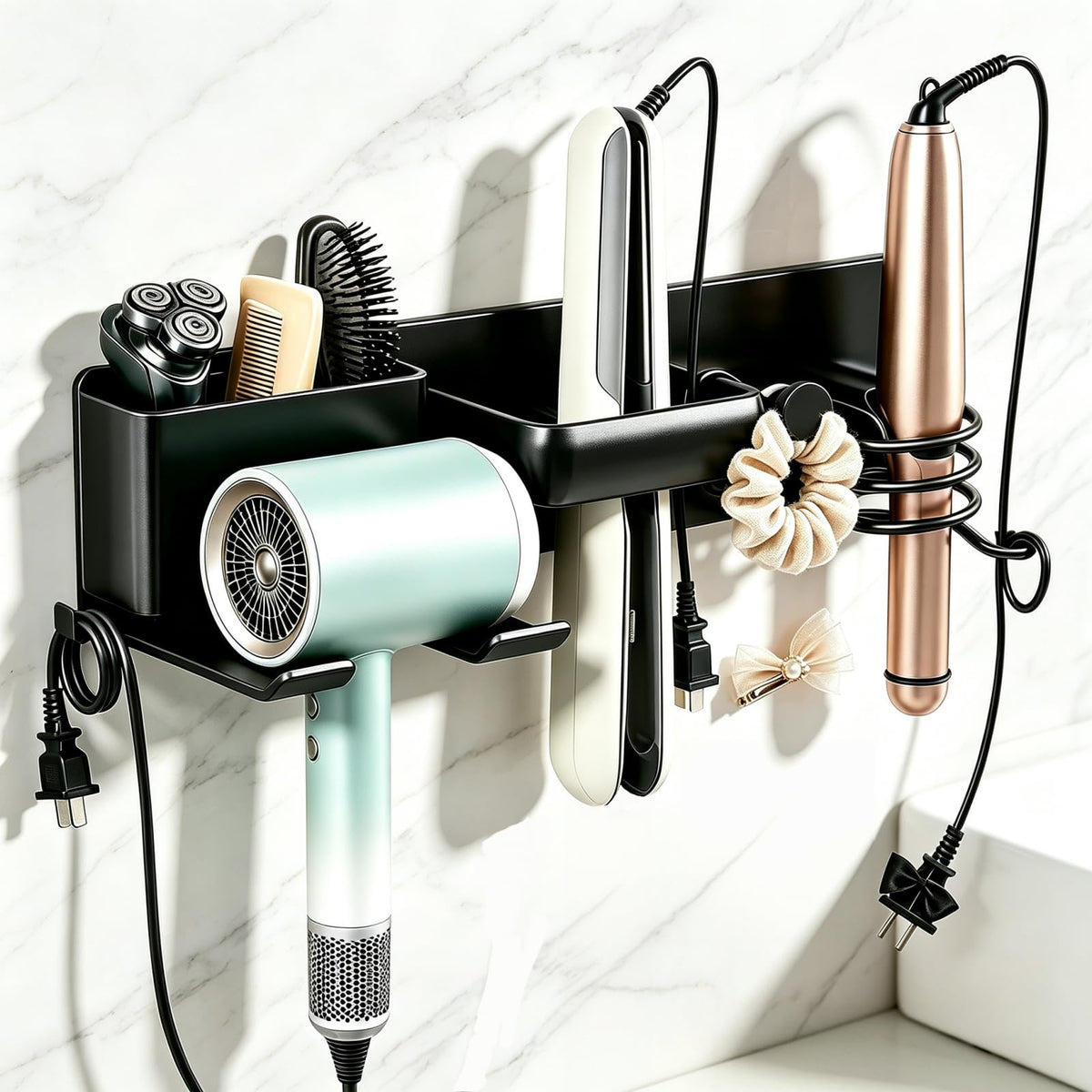 2026 Upgrade Hair Tool Organizer, 5 in 1 Hair Dryer Holder Wall Mounted & Adhesive, Metal Blow Dryer Holder, Curling Iron Holder & Flat Iron Organizer Rack, Waterproof & rustproof, Easy installation