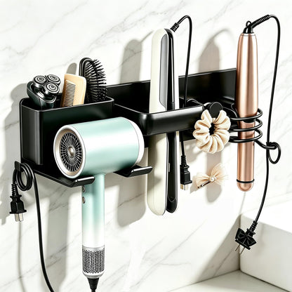 2026 Upgrade Hair Tool Organizer, 5 in 1 Hair Dryer Holder Wall Mounted & Adhesive, Metal Blow Dryer Holder, Curling Iron Holder & Flat Iron Organizer Rack, Waterproof & rustproof, Easy installation