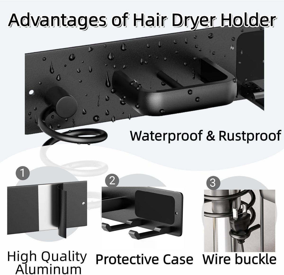 Hair Dryer Holder Wall Mounted Blow Dryer Holder Curling Iron Holder Straightener Holder 3 in 1 Bathroom Metal Hair Tool Organizer Rack（Matte Black）