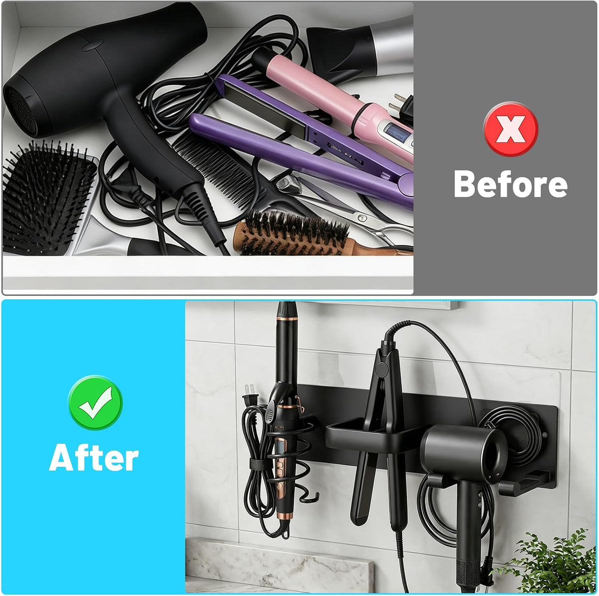 3-in-1 Hair Dryer Holder Wall Mount, Hair Tool Organizer with Curling Iron & Flat Iron Holder, Universal Blow Dryer Stand for Bathroom Vanity, Matte Black