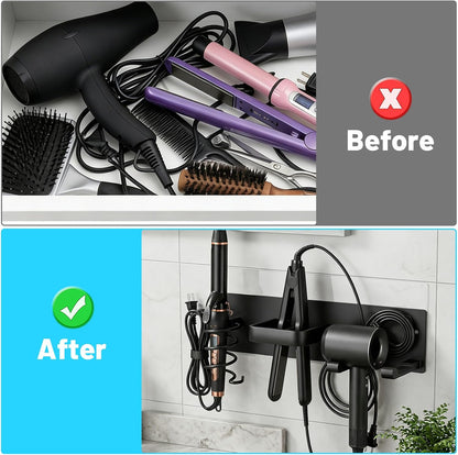 3-in-1 Hair Dryer Holder Wall Mount, Hair Tool Organizer with Curling Iron & Flat Iron Holder, Universal Blow Dryer Stand for Bathroom Vanity, Matte Black