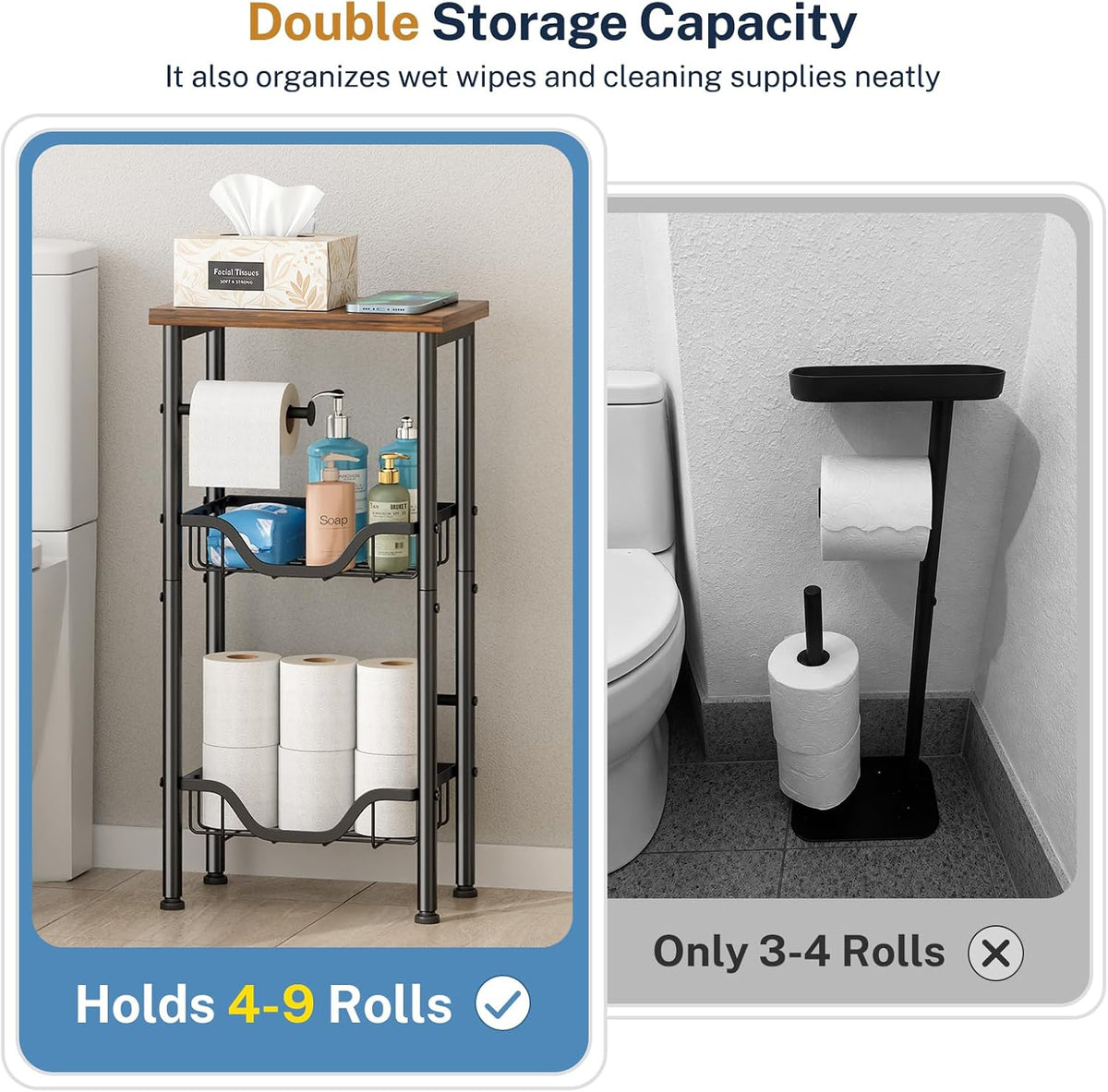 KIMBORA Toilet Paper Holder Stand with Storage for 4-9 Rolls Organizer