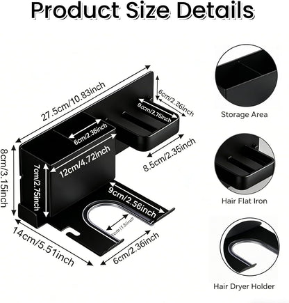 Hair Dryer Holder Wall Mount, Stainless Steel 3-in-1 Hair Tool Organizer