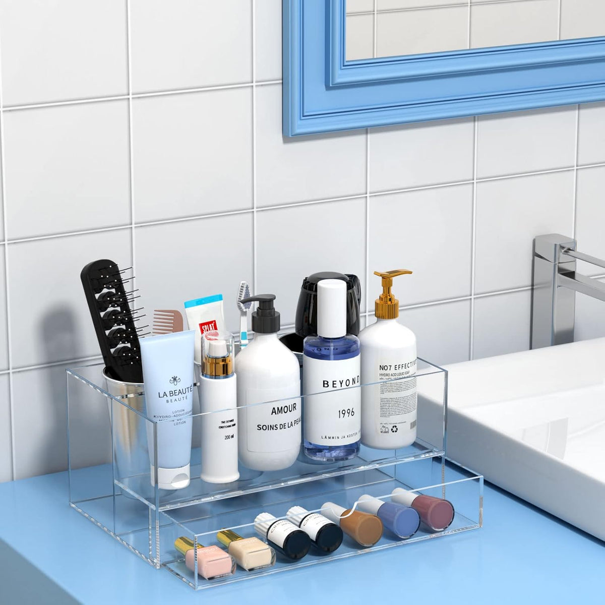 NIUBEE Acrylic Hair Tool Organizer with Drawer, Hair Dryer Holder Organizer