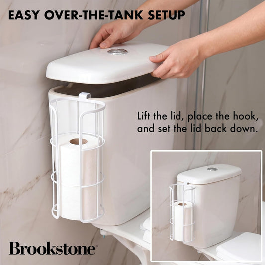 BROOKSTONE Over the Toilet Paper Holder Reserve - Toilet Paper Holder with Storage, Bathroom Toilet Paper Organizer, Metal Toilet Paper Roll Holder Fits Any Size Rolls - Matte White