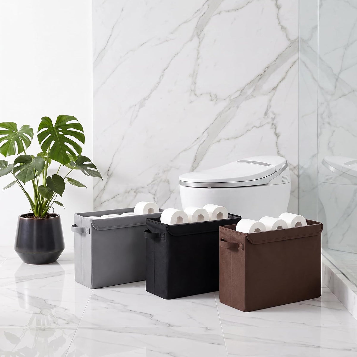 Cupic Cupid Bathroom Toilet Paper Storage - Toilet Paper Baskets with Lid, Holds 12 Regular or 9 Mega Rolls, Extra Cover Slim Tissue Holder Cabinet, Narrow Container Bin Organizer Box Black