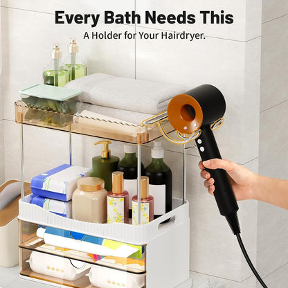Bathroom Counter Organizer with Hair Dryer Holder, 2 Tier Storage Drawers