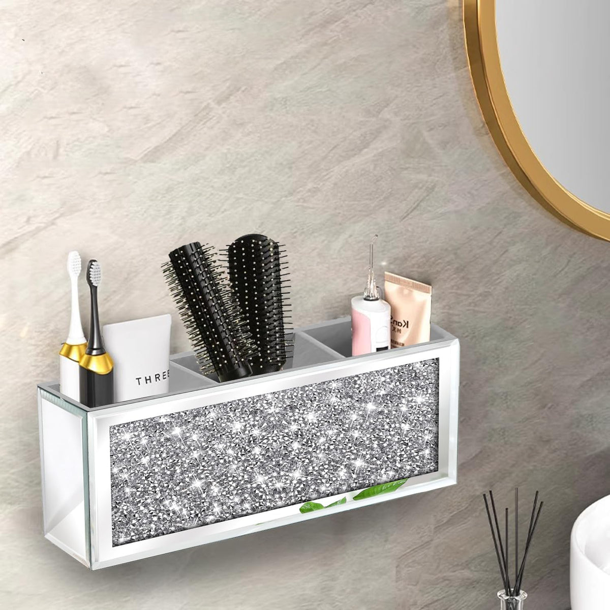 Mirror Hair Dryer Holder. Crystal Crush Diamond Hair Tool Organizer Wall Mount. Silver Bathroom Cabinet Tray for Blow Dryers, Hairdryer Straightener, Brushes and Combs.(10.5”x4”x5”)