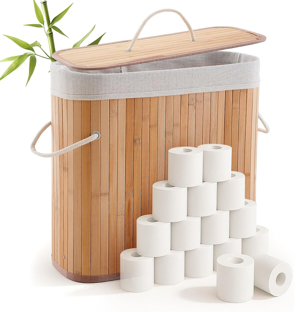 Leinuosen Bamboo Toilet Paper Storage Basket with Lid, Beige, Regular